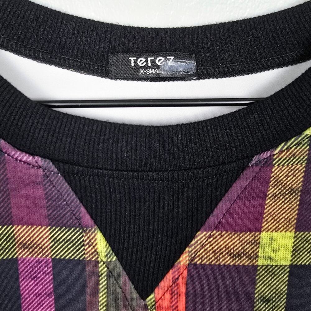 Terez As If Plaid Sweatshirt XS Black Pink Yellow Crewneck Scuba Knit Top - Picture 4 of 6